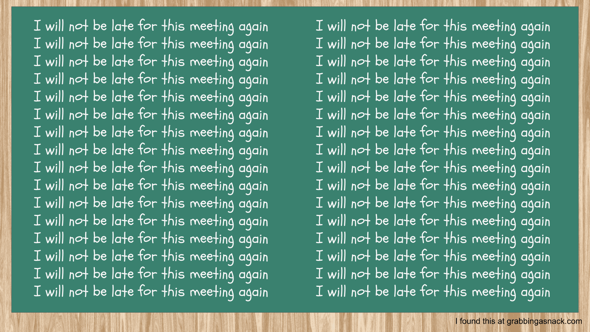 Chalk board with the words, 'I will not be late for this meeting again' repeated across the entirety of the board.