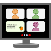 Computer screen with three avatars and a fourth pane with a message from grabbingasnack.com